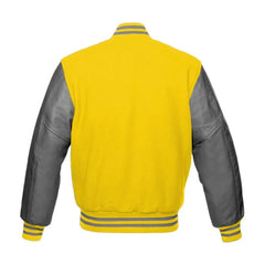 Yellow and Grey Varsity Jacket with Wool Body and Leather Sleeves Back Side