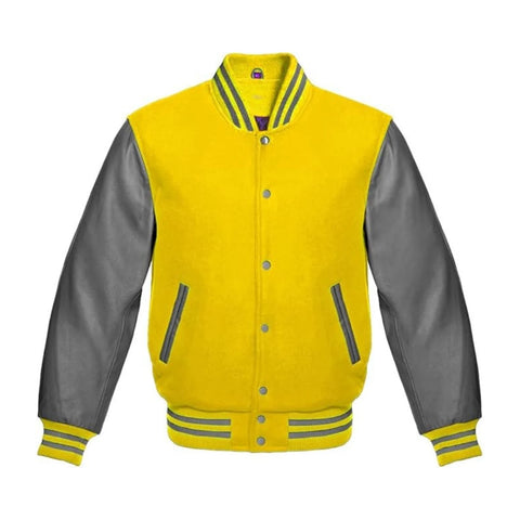 Yellow Wool and Grey Leather Varsity Jacket