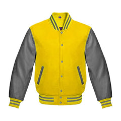 Yellow and Grey Varsity Jacket with Wool Body and Leather Sleeves