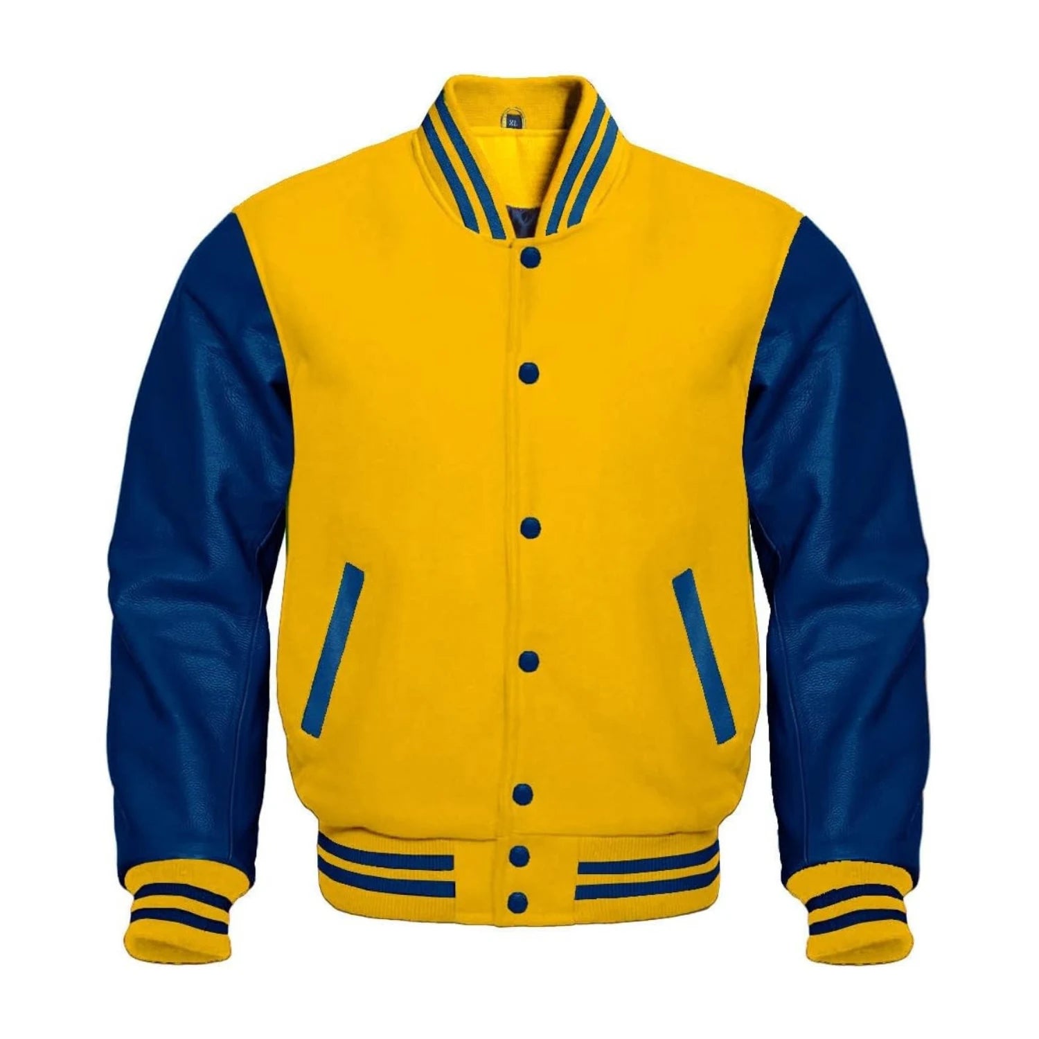 Yellow Wool and Navy Leather Varsity Jacket