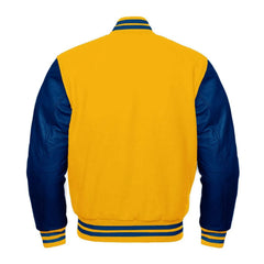 Yellow and Navy Varsity Jacket with Wool Body and Leather Sleeves Back Side