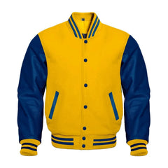 Yellow and Navy Varsity Jacket with Wool Body and Leather Sleeves