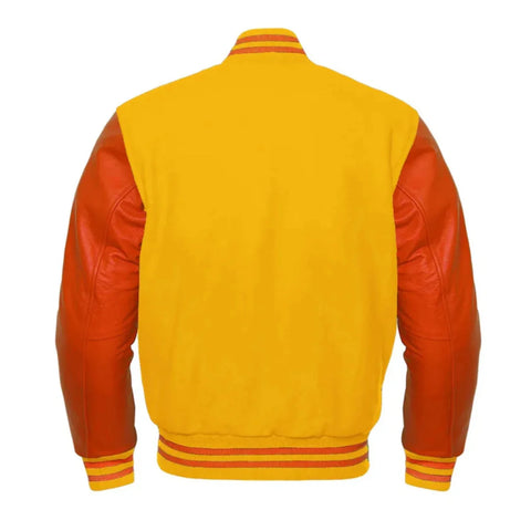 Yellow Wool and Orange Leather Varsity Jacket Back Side