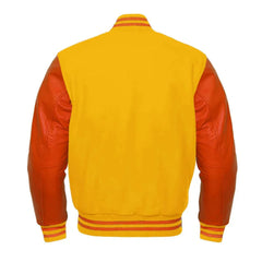 Yellow and Orange Varsity Jacket with Wool Body and Leather Sleeves Back Side