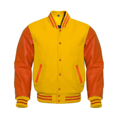 Yellow Wool and Orange Leather Varsity Jacket