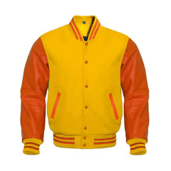 Yellow and Orange Varsity Jacket with Wool Body and Leather Sleeves