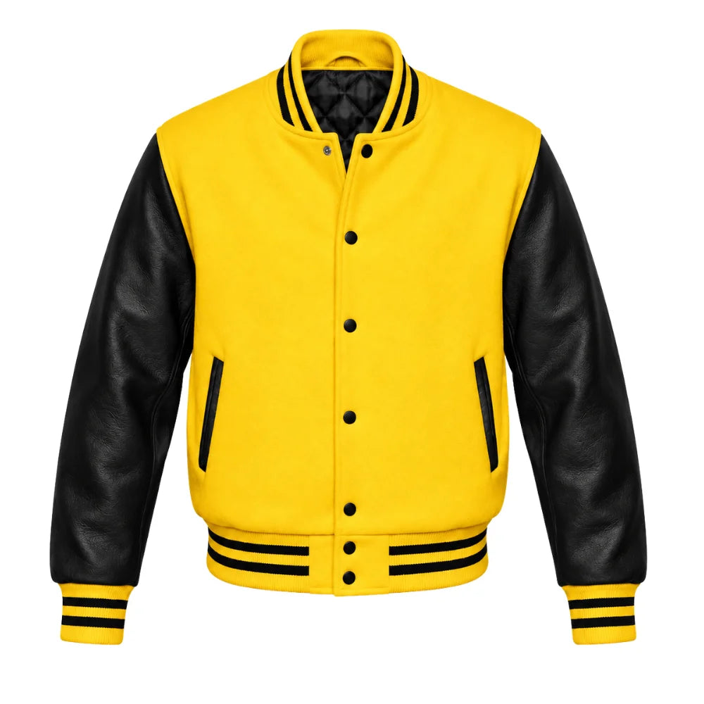 Yellow and Black Varsity Jacket with Wool Body and Leather Sleeves