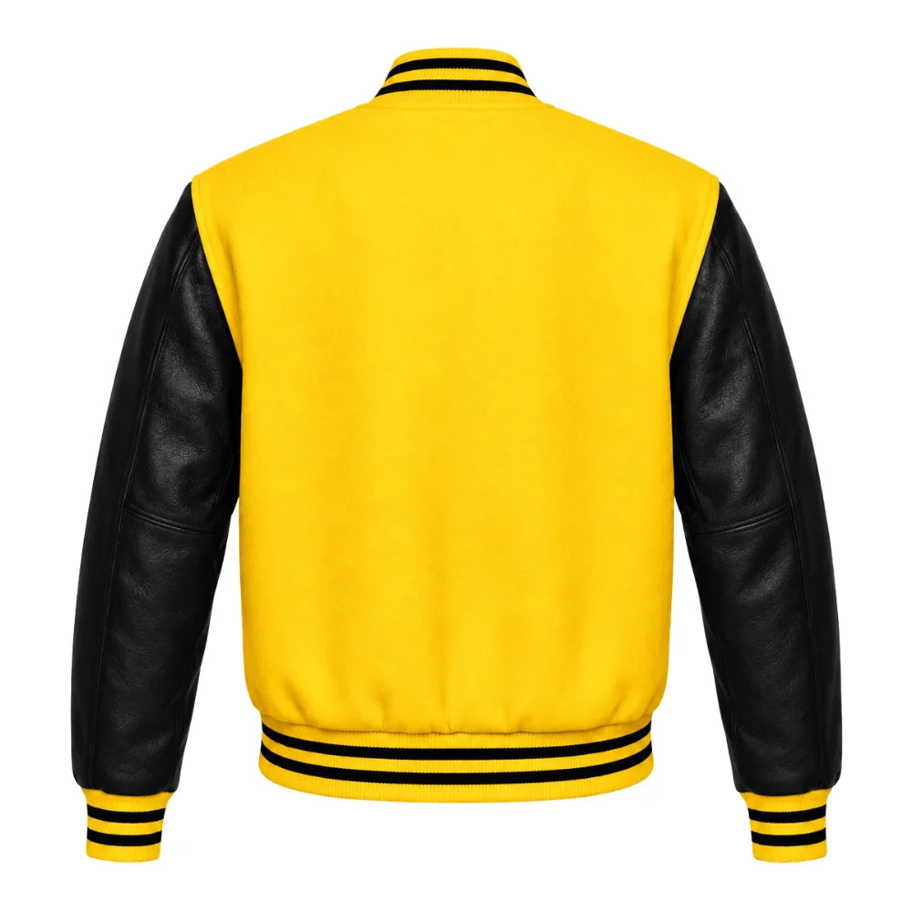 Yellow and Black Varsity Jacket with Wool Body and Leather Sleeves Back View