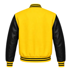 Yellow and Black Varsity Jacket with Wool Body and Leather Sleeves Back View
