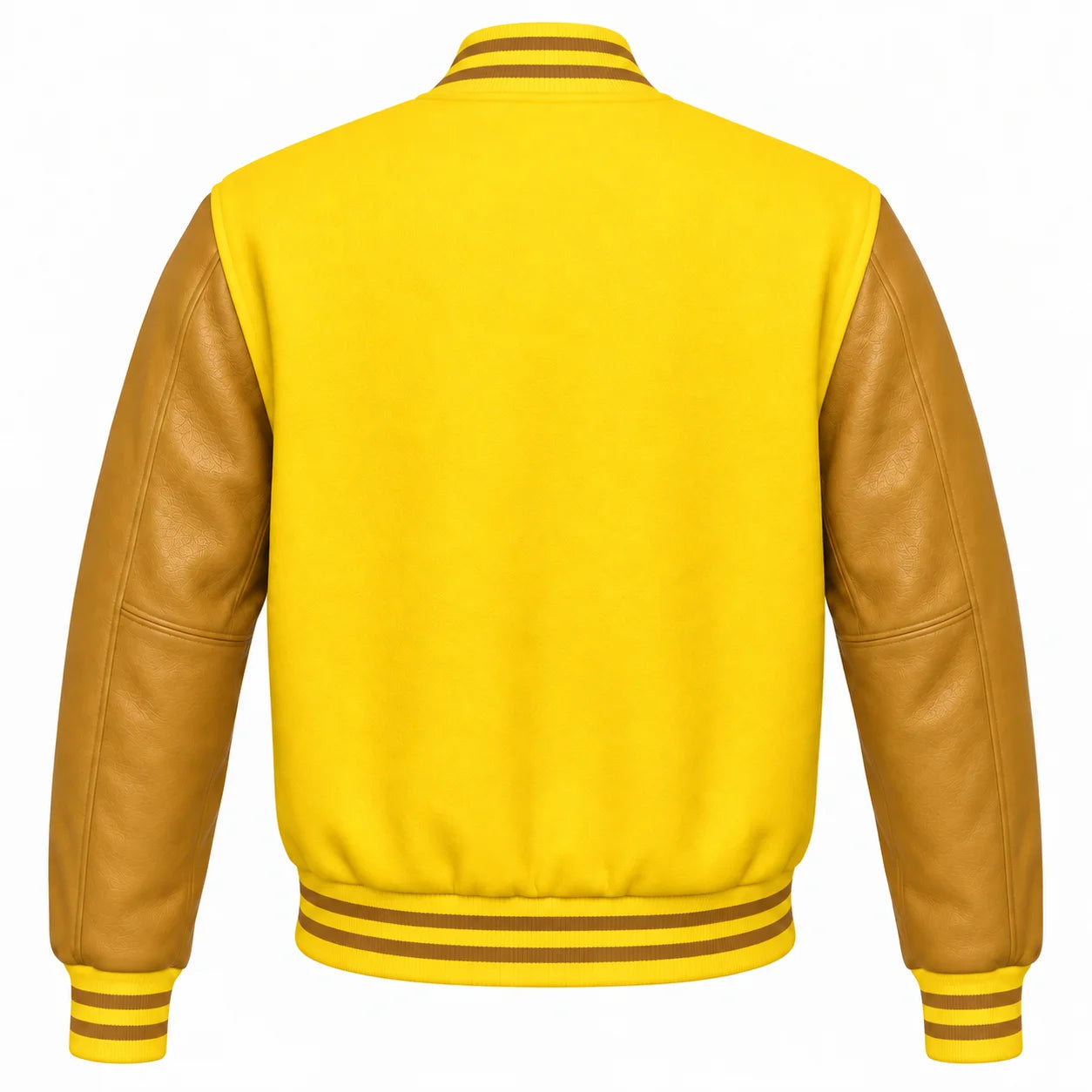 Yellow and Gold Varsity Jacket with Wool Body and Leather Sleeves Back Side