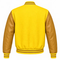 Yellow and Gold Varsity Jacket with Wool Body and Leather Sleeves Back Side