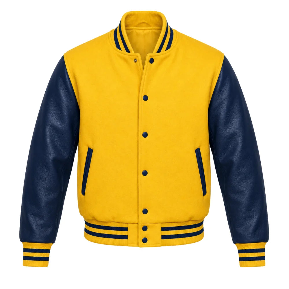 Yellow and Navy Varsity Jacket with Wool Body and Leather Sleeves