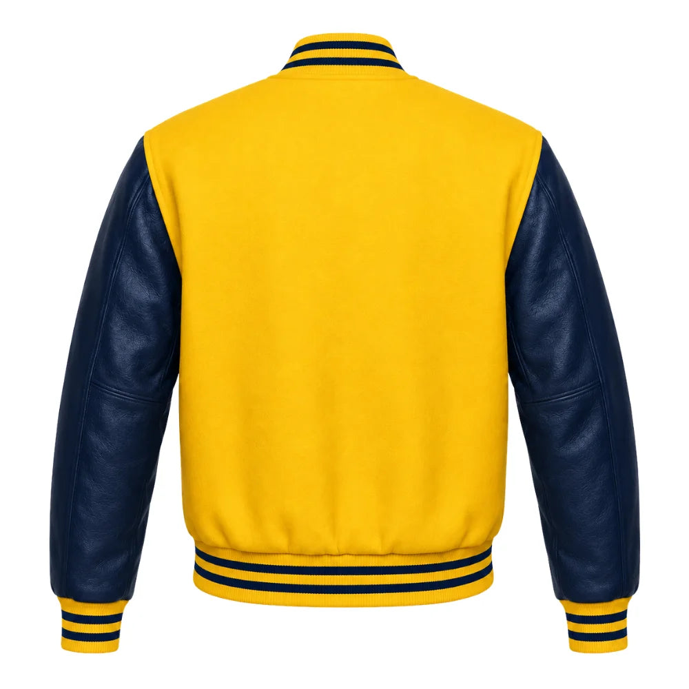 Yellow and Navy Varsity Jacket with Wool Body and Leather Sleeves Back Side