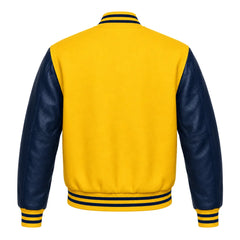 Yellow and Navy Varsity Jacket with Wool Body and Leather Sleeves Back Side