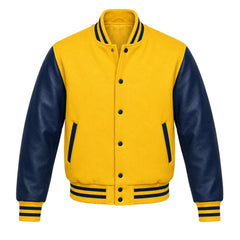 Yellow and Navy Varsity Jacket with Wool Body and Leather Sleeves