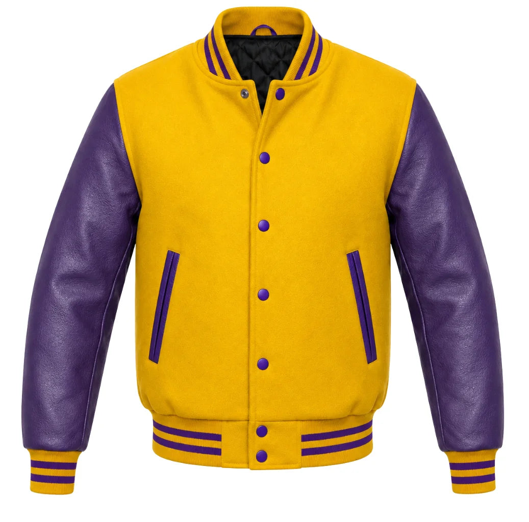 Yellow melton wool varsity jacket with purple leather sleeves, front view