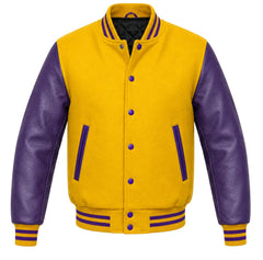 Yellow melton wool varsity jacket with purple leather sleeves, front view