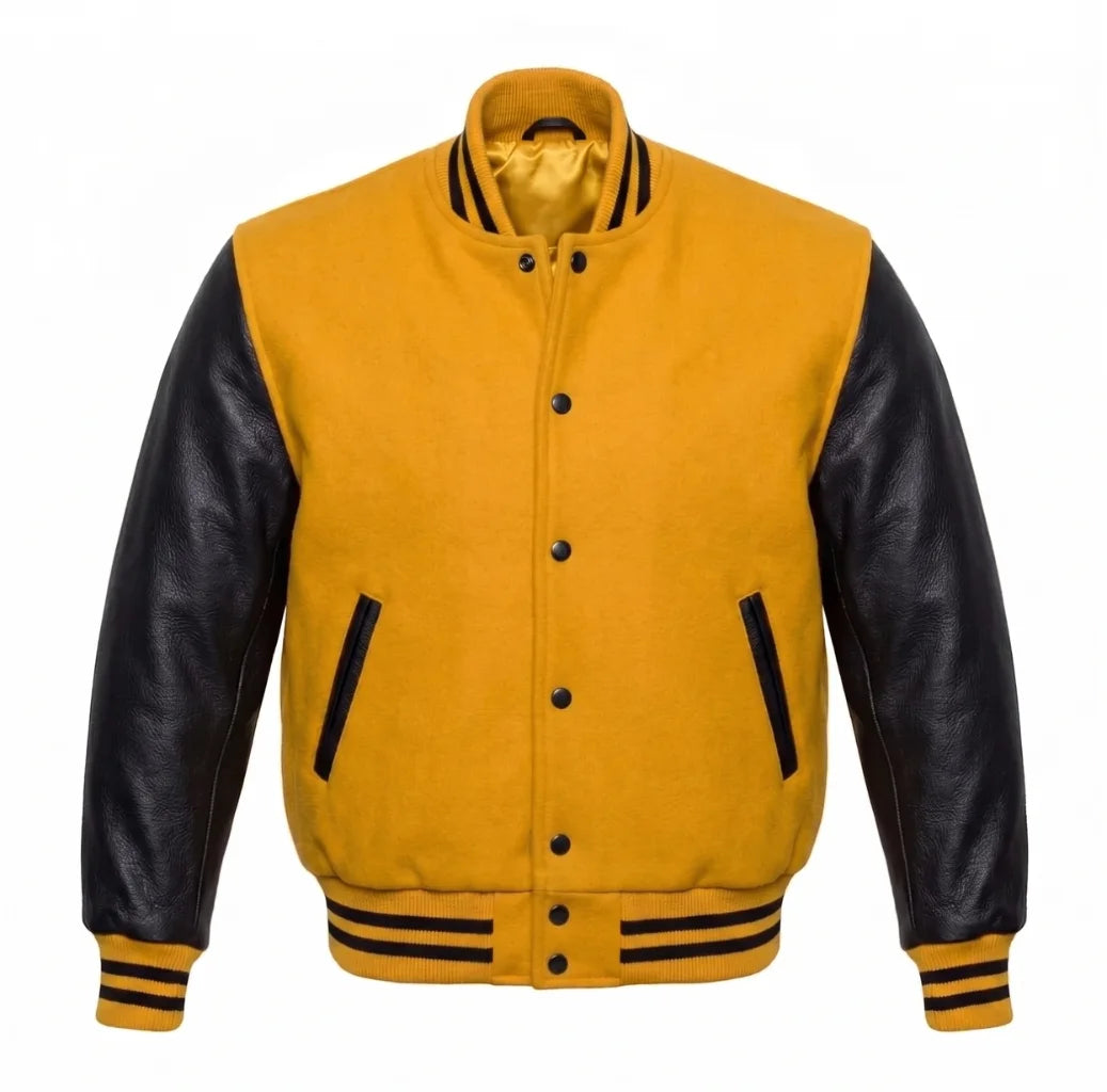 Yellow and Black Varsity Jacket with Wool Body and Leather Sleeves