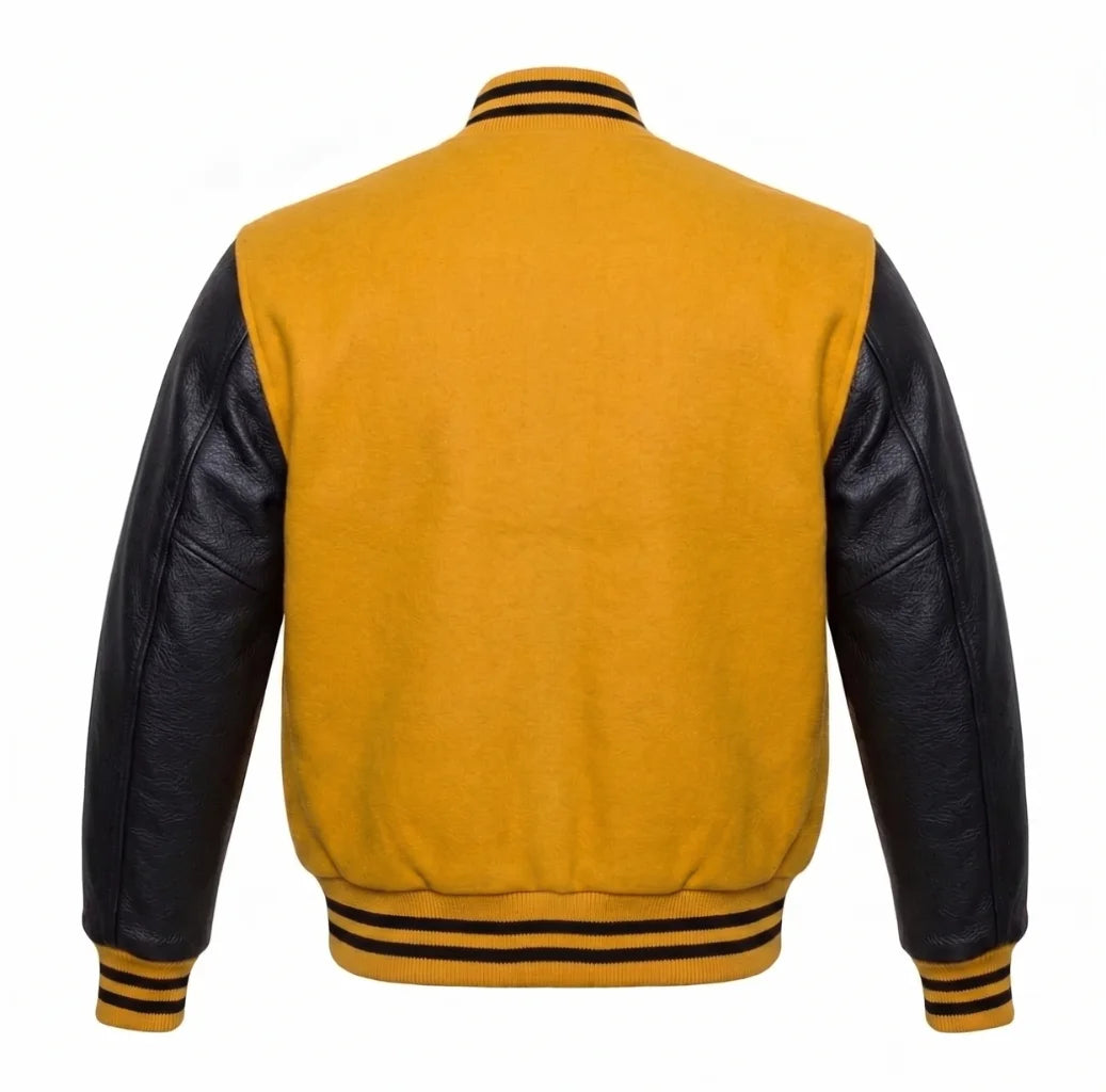Yellow and Black Varsity Jacket with Wool Body and Leather Sleeves Back View
