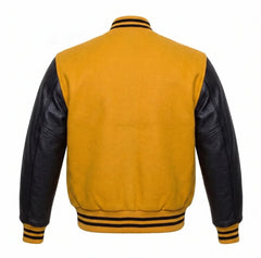 Yellow and Black Varsity Jacket with Wool Body and Leather Sleeves Back View