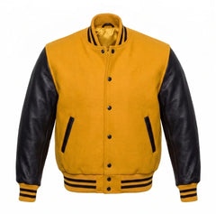 Yellow and Black Varsity Jacket with Wool Body and Leather Sleeves