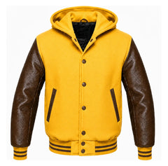 Yellow and Brown Varsity Jacket with Hood
