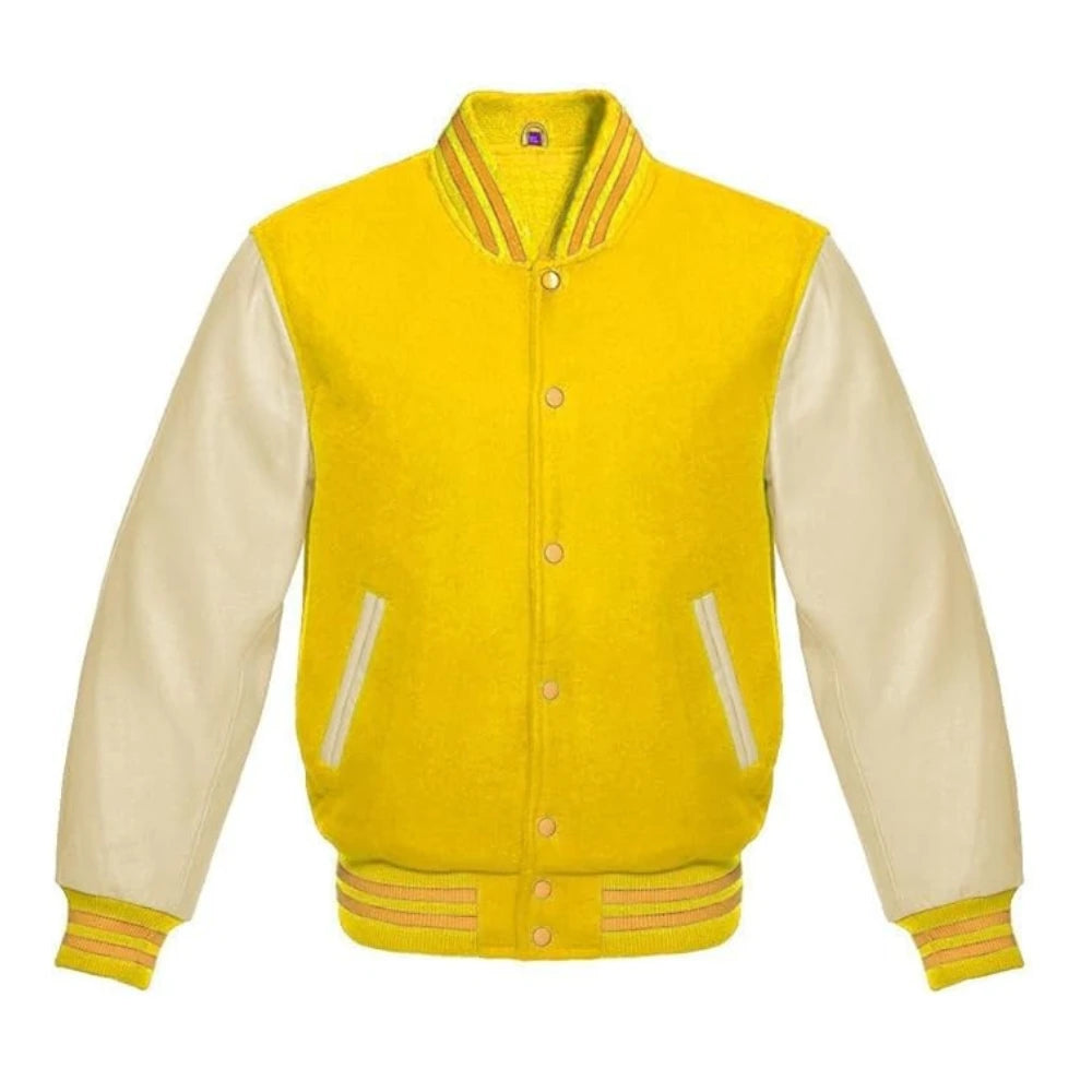 Yellow and Cream Varsity Jacket with Wool Body and Leather Sleeves