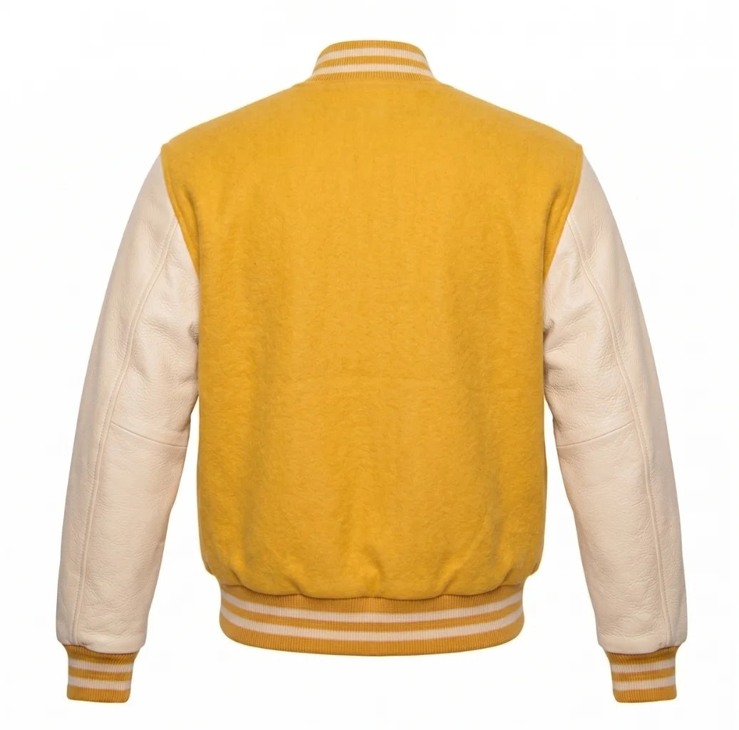 Yellow and Cream Varsity Jacket with Wool Body and Leather Sleeves Back View