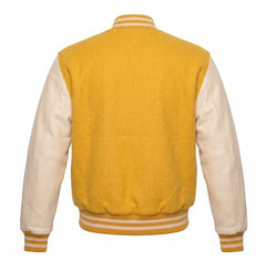 Yellow and Cream Varsity Jacket with Wool Body and Leather Sleeves Back View