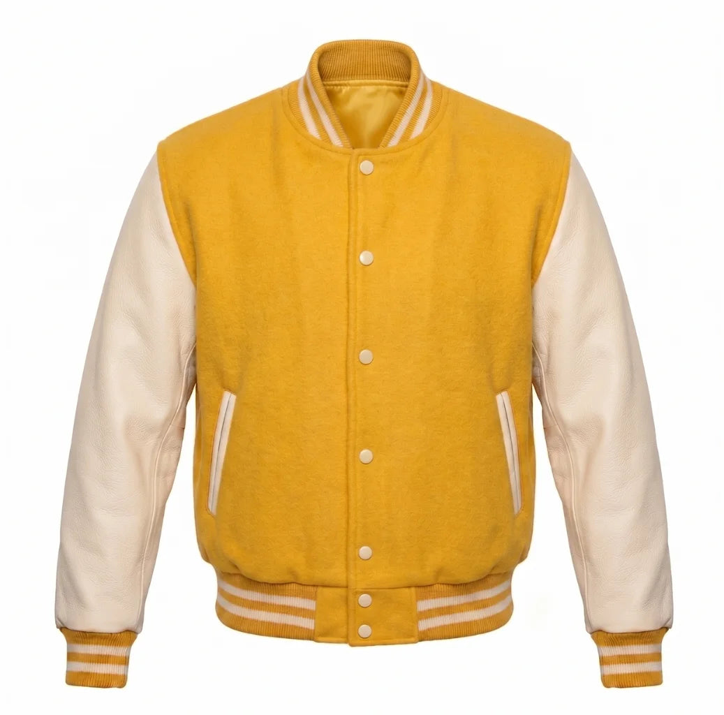Yellow and Cream Varsity Jacket with Wool Body and Leather Sleeves
