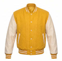 Yellow and Cream Varsity Jacket with Wool Body and Leather Sleeves
