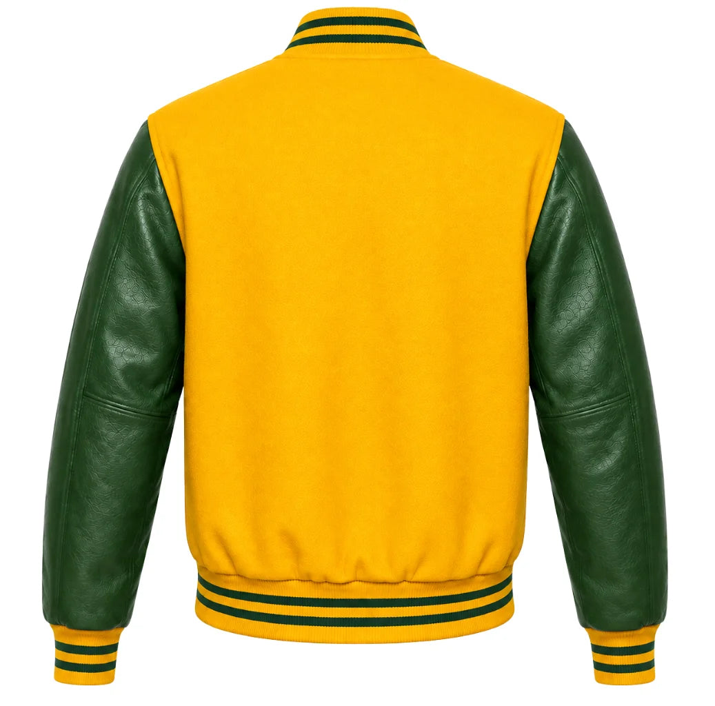 Yellow wool letterman jacket with green cowhide leather sleeves, back view