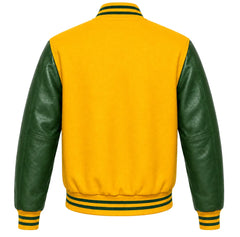 Yellow wool letterman jacket with green cowhide leather sleeves, back view