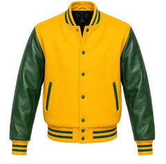 Yellow melton wool letterman jacket with green leather sleeves, front view