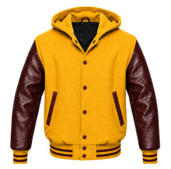Yellow and Maroon Letterman Jacket with Hood