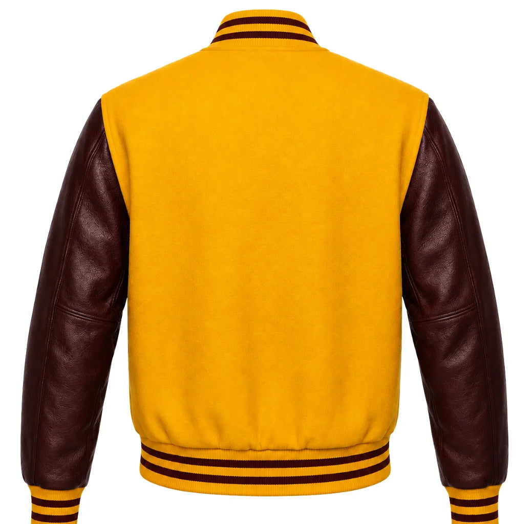 Yellow wool varsity jacket with maroon leather sleeves, back view
