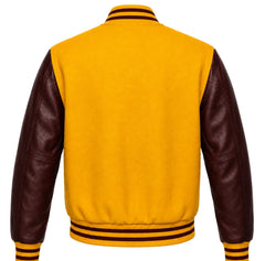 Yellow wool varsity jacket with maroon leather sleeves, back view