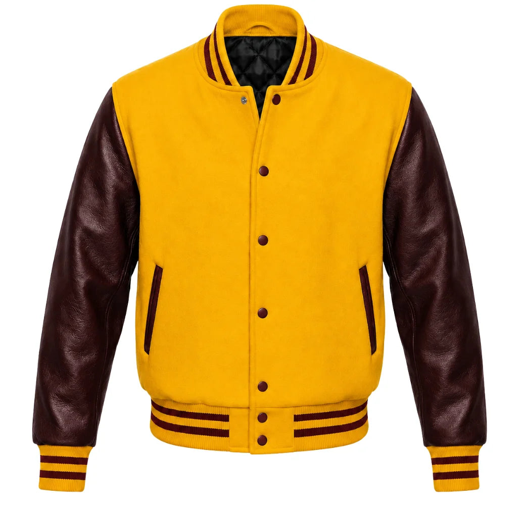 Yellow melton wool varsity jacket with maroon cowhide leather sleeves, front view