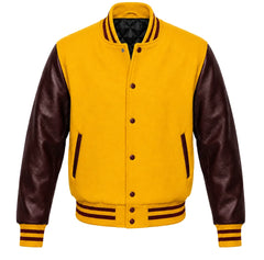 Yellow melton wool varsity jacket with maroon cowhide leather sleeves, front view