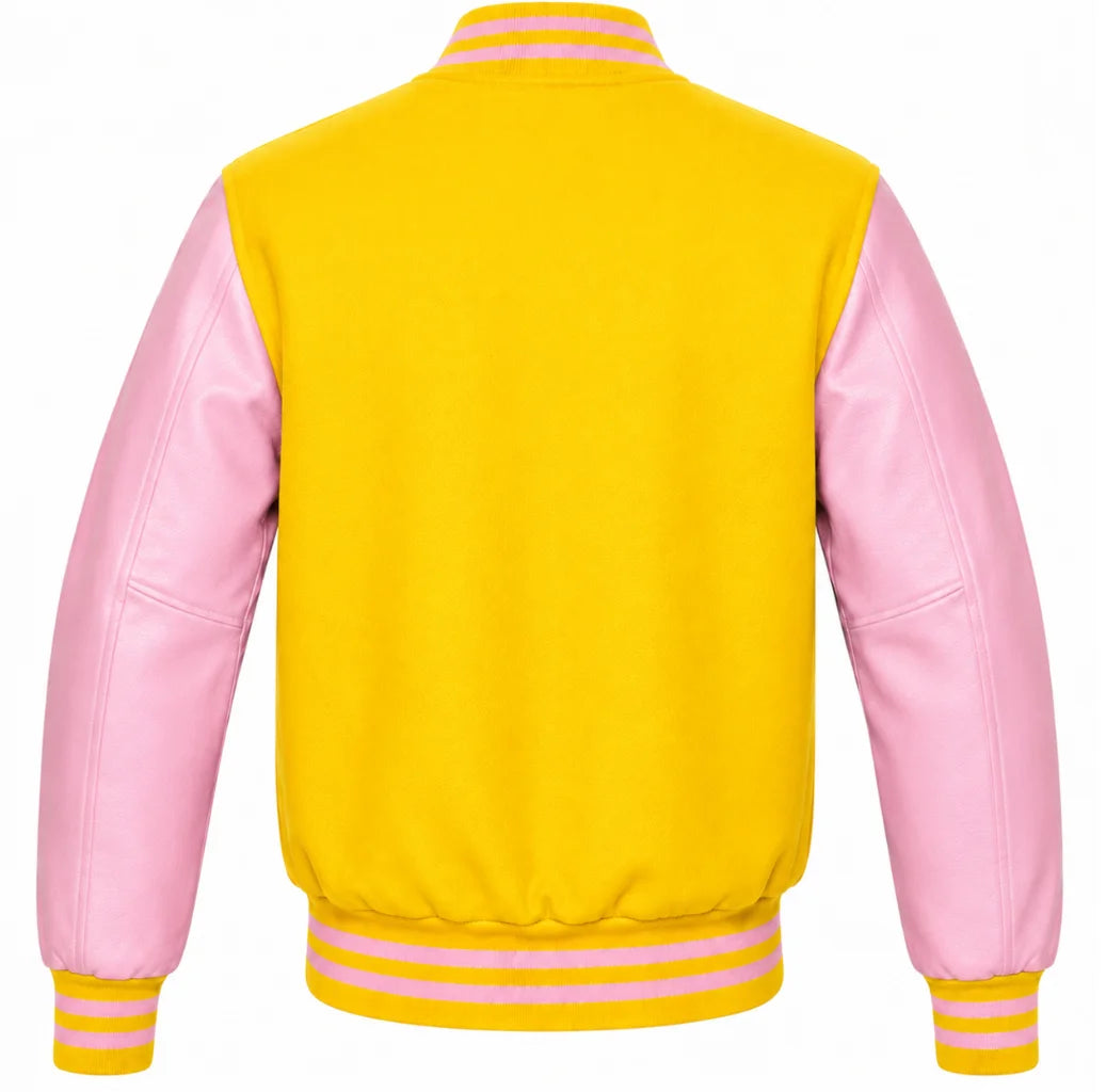 Yellow wool letterman jacket with pink leather sleeves, back view