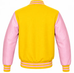 Yellow wool letterman jacket with pink leather sleeves, back view