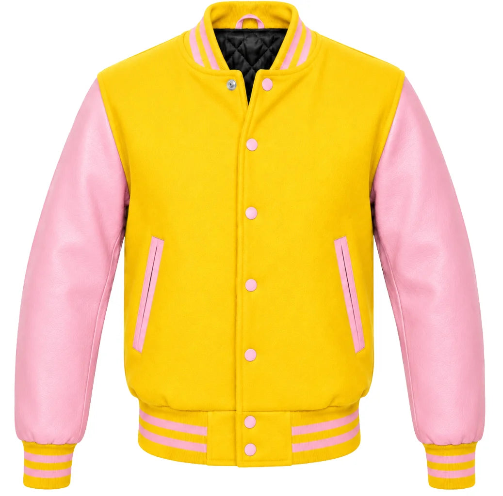 Yellow melton wool letterman jacket with pink cowhide leather sleeves, front view