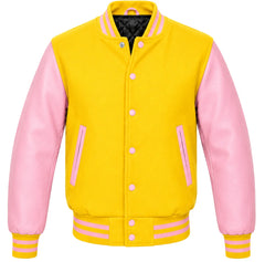 Yellow melton wool letterman jacket with pink cowhide leather sleeves, front view