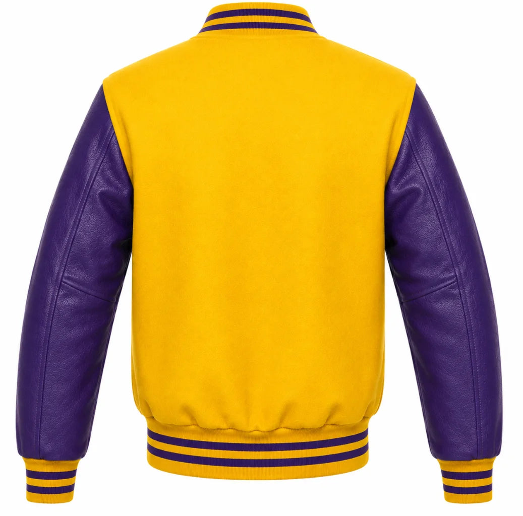 Yellow wool varsity jacket with purple cowhide leather sleeves, back view