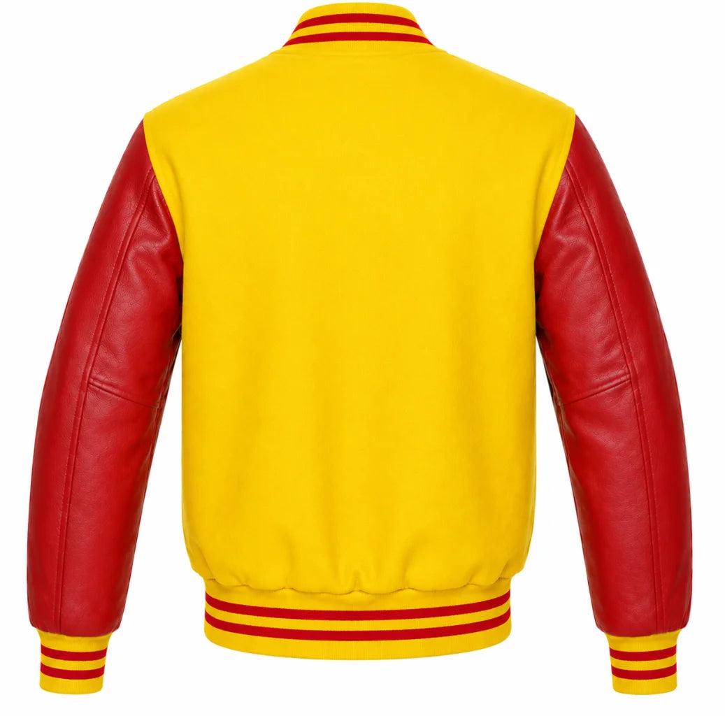 Yellow wool varsity jacket with red cowhide sleeves, back view