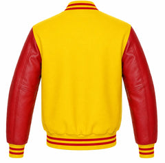 Yellow wool varsity jacket with red cowhide sleeves, back view