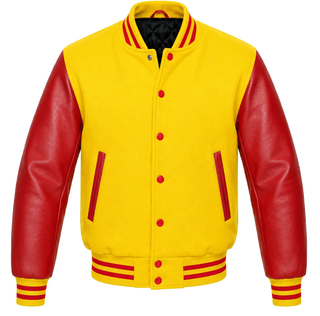 Yellow melton wool varsity jacket with red leather sleeves, front view