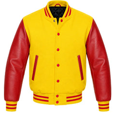 Yellow melton wool varsity jacket with red leather sleeves, front view