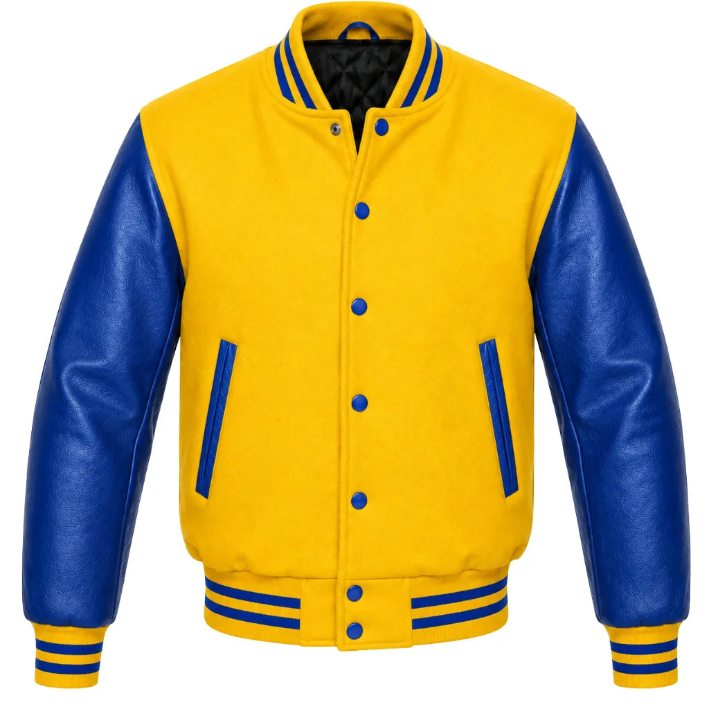 Yellow wool varsity jacket with royal blue cowhide sleeves, back view
