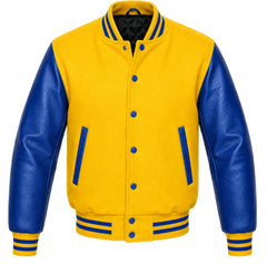 Yellow wool varsity jacket with royal blue cowhide sleeves, back view
